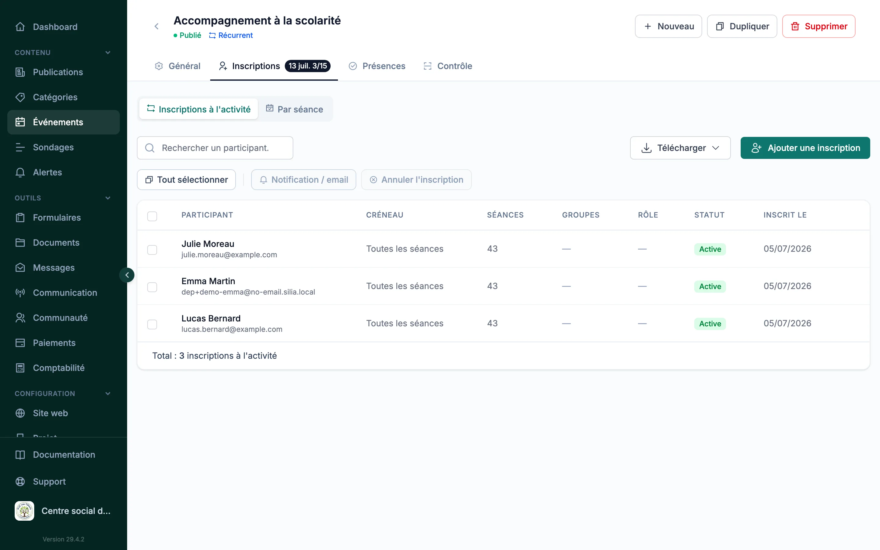 Suivi des inscriptions à un événement dans le back-office Silia