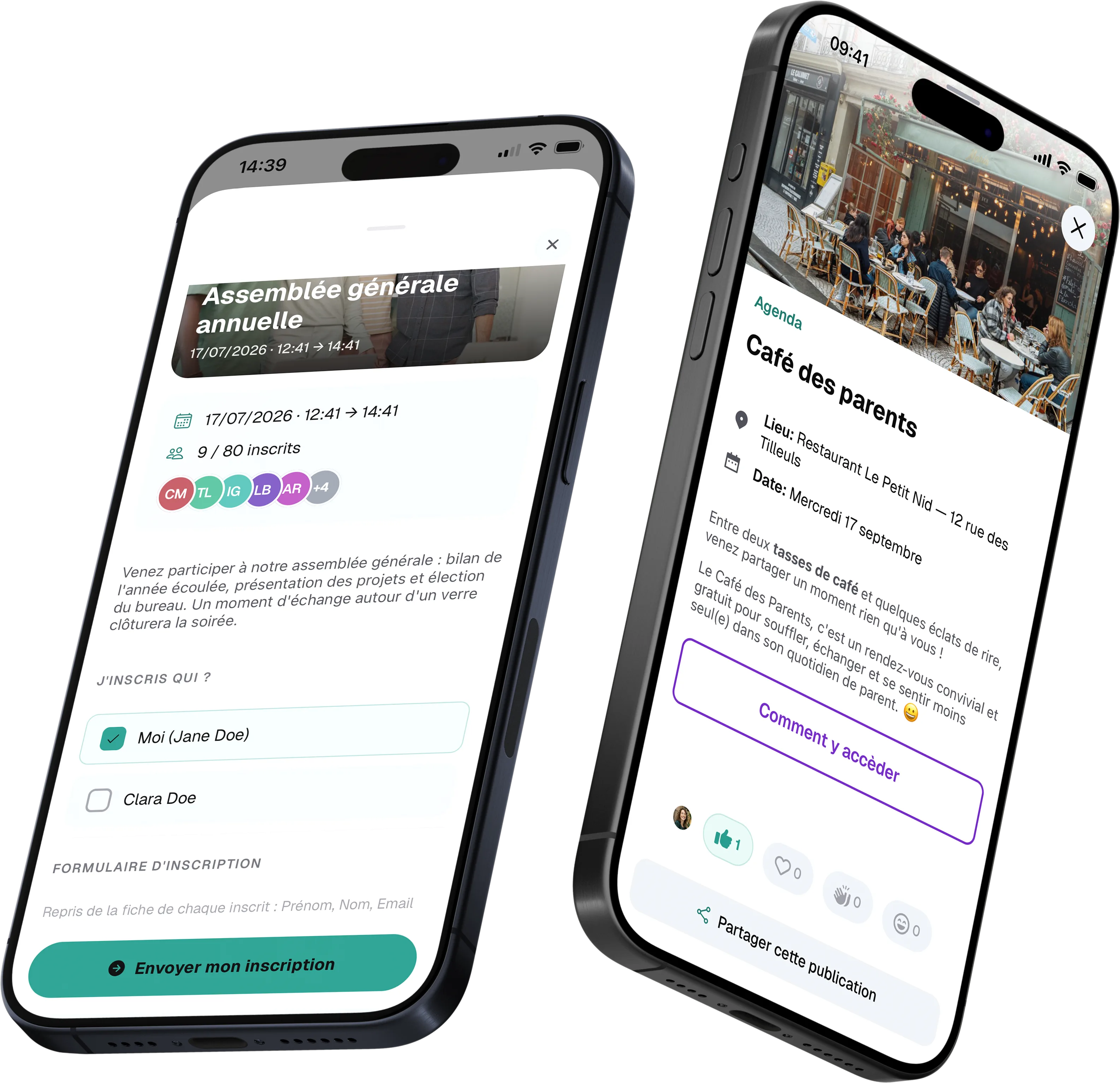 Événement d'association dans l'application mobile : fiche, jauge d'inscrits et inscription en ligne